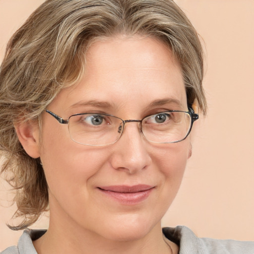 Joyful white adult female with medium  brown hair and blue eyes