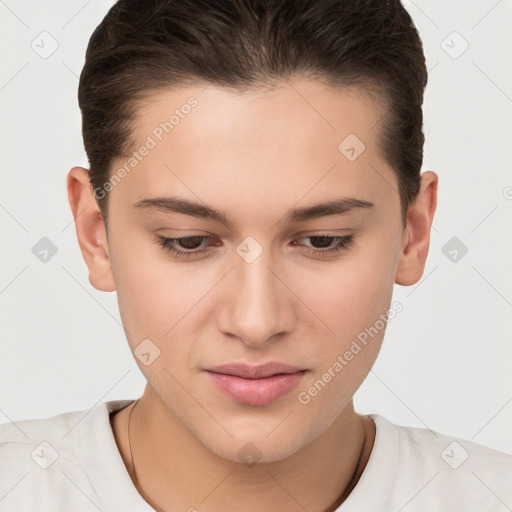 Joyful white young-adult female with short  brown hair and brown eyes