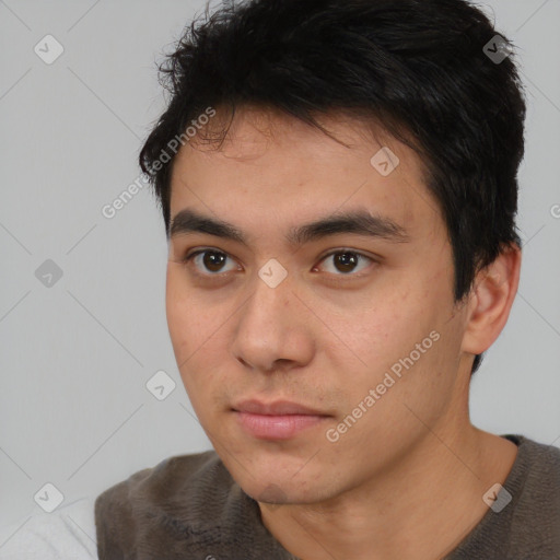 Neutral asian young-adult male with short  brown hair and brown eyes