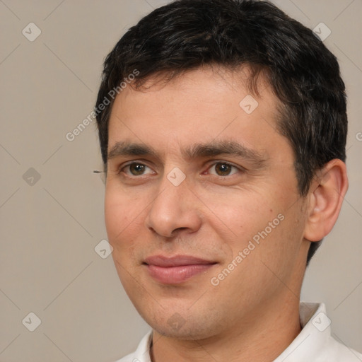 Joyful white young-adult male with short  brown hair and brown eyes