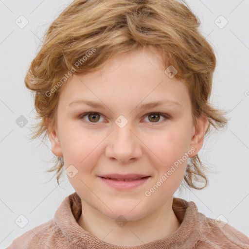 Joyful white child female with medium  brown hair and blue eyes