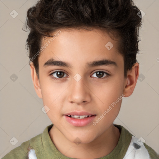 Joyful white child male with short  brown hair and brown eyes