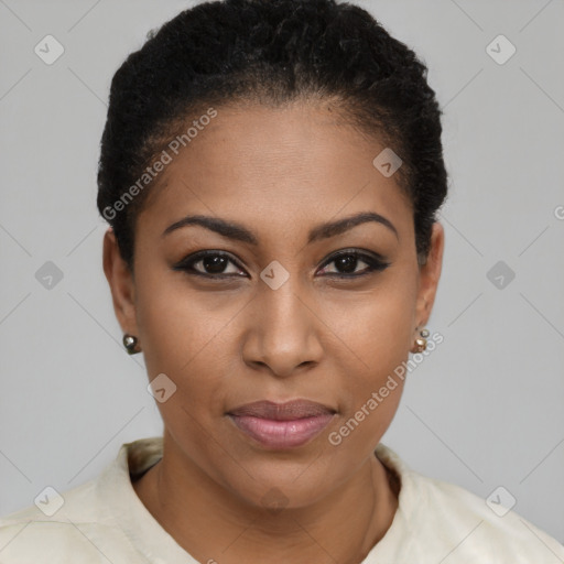 Joyful black young-adult female with short  brown hair and brown eyes