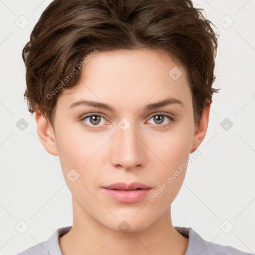 Neutral white young-adult female with short  brown hair and brown eyes