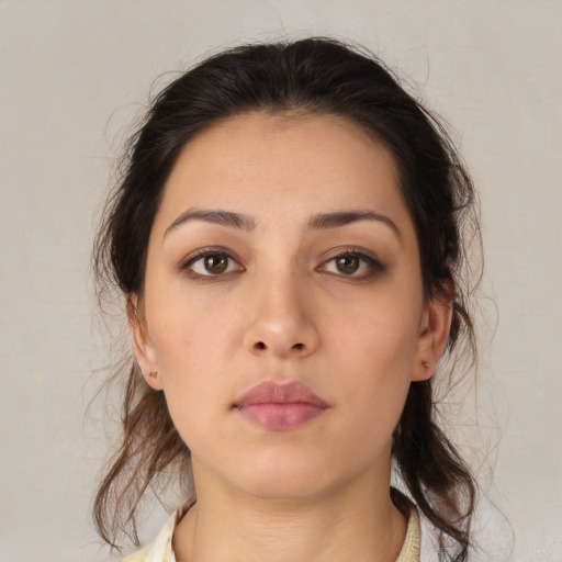 Neutral asian young-adult female with medium  brown hair and brown eyes