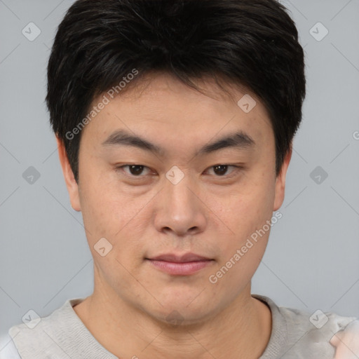 Neutral asian young-adult male with short  brown hair and brown eyes
