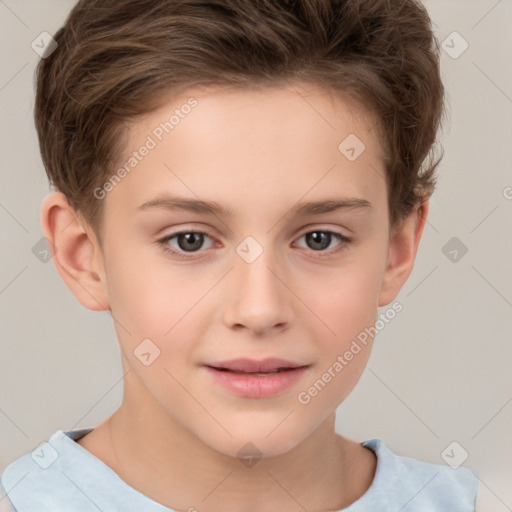 Joyful white child female with short  brown hair and brown eyes