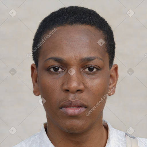 Neutral black young-adult female with short  black hair and brown eyes