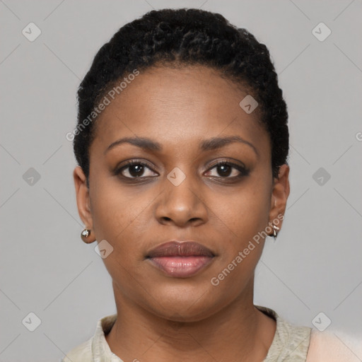 Neutral black young-adult female with short  black hair and brown eyes