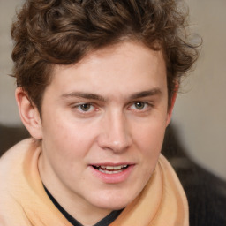 Joyful white young-adult male with medium  brown hair and brown eyes