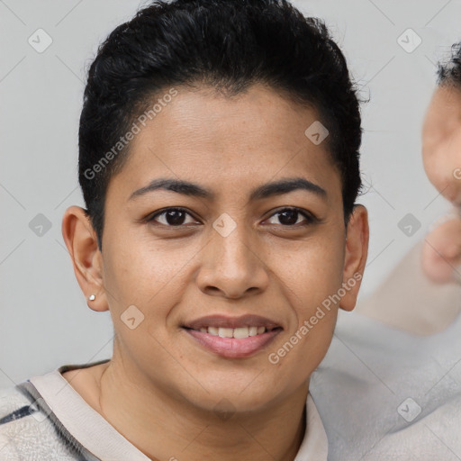 Joyful latino young-adult female with short  brown hair and brown eyes