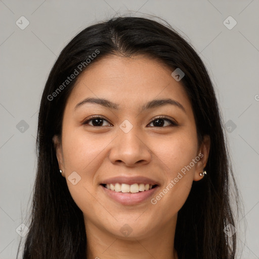 Joyful white young-adult female with long  brown hair and brown eyes