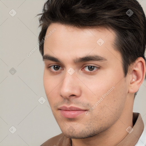 Neutral white young-adult male with short  brown hair and brown eyes