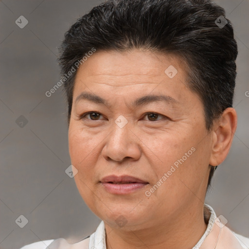 Joyful white adult female with short  brown hair and brown eyes