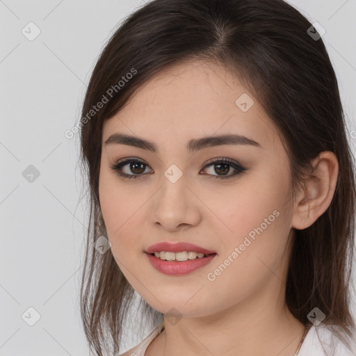 Joyful white young-adult female with long  brown hair and brown eyes