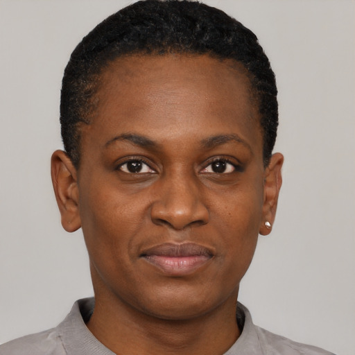 Neutral black young-adult female with short  black hair and brown eyes