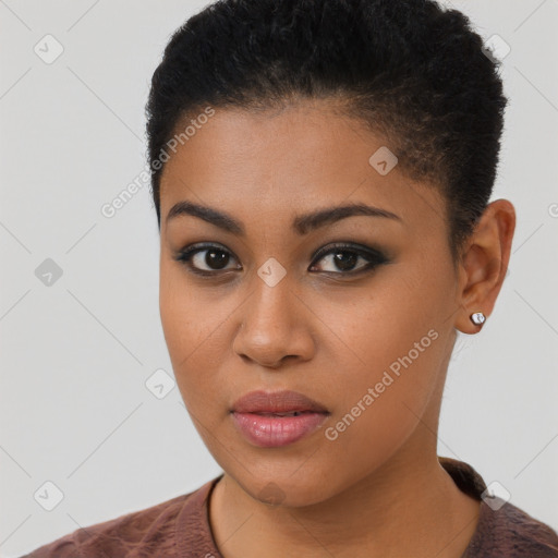 Neutral black young-adult female with short  brown hair and brown eyes