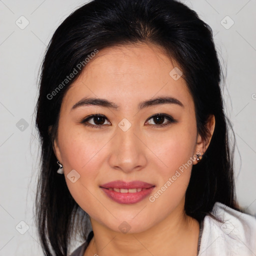 Joyful white young-adult female with medium  brown hair and brown eyes