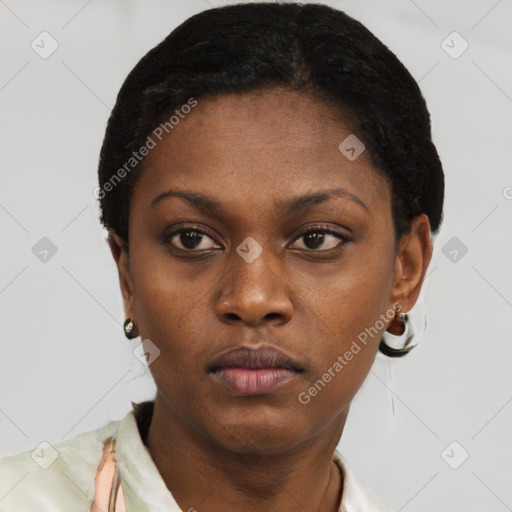 Neutral black young-adult female with short  black hair and brown eyes