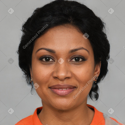 Joyful black young-adult female with medium  black hair and brown eyes
