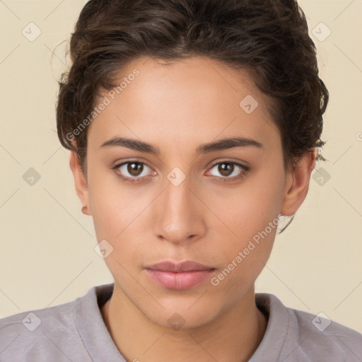 Neutral white young-adult female with short  brown hair and brown eyes