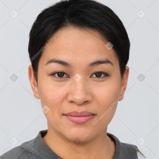 Joyful asian young-adult female with short  brown hair and brown eyes