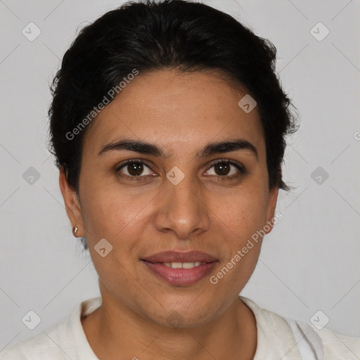 Joyful latino young-adult female with short  brown hair and brown eyes