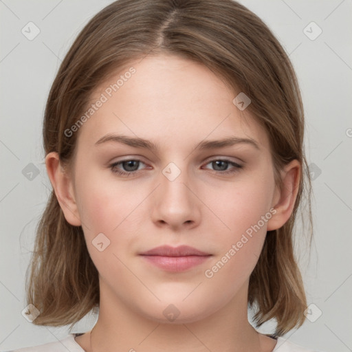 Neutral white young-adult female with medium  brown hair and grey eyes