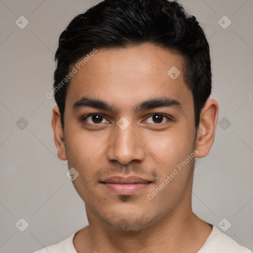 Neutral latino young-adult male with short  black hair and brown eyes