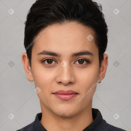 Joyful white young-adult female with short  brown hair and brown eyes