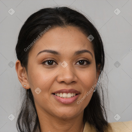 Joyful latino young-adult female with long  brown hair and brown eyes