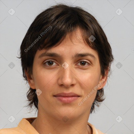 Joyful white young-adult female with medium  brown hair and brown eyes