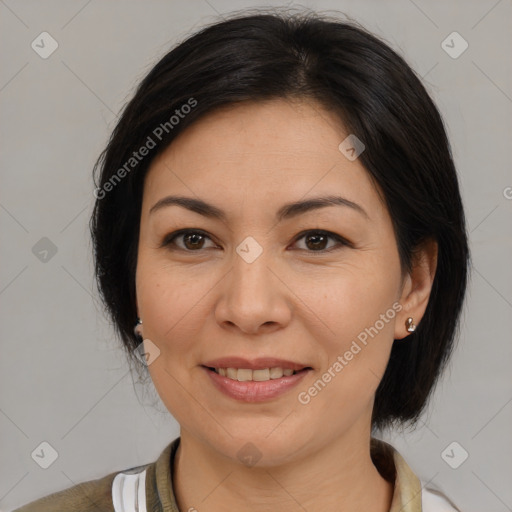 Joyful white adult female with medium  brown hair and brown eyes