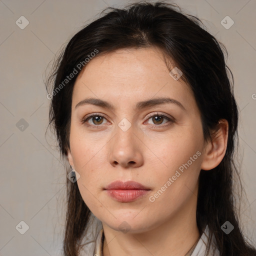 Neutral white young-adult female with medium  brown hair and brown eyes