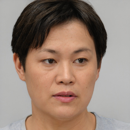 Neutral asian adult female with short  brown hair and brown eyes