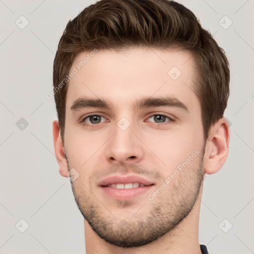 Neutral white young-adult male with short  brown hair and brown eyes