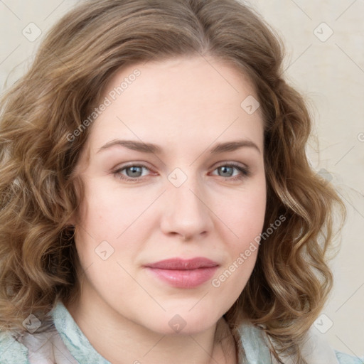 Joyful white young-adult female with medium  brown hair and green eyes