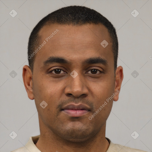 Neutral black young-adult male with short  black hair and brown eyes
