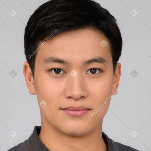 Neutral asian young-adult male with short  black hair and brown eyes