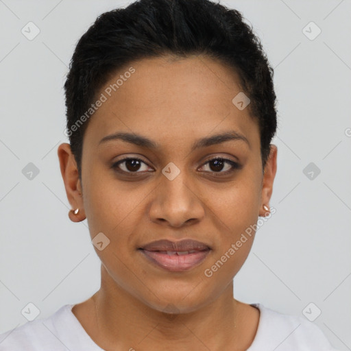 Joyful latino young-adult female with short  brown hair and brown eyes