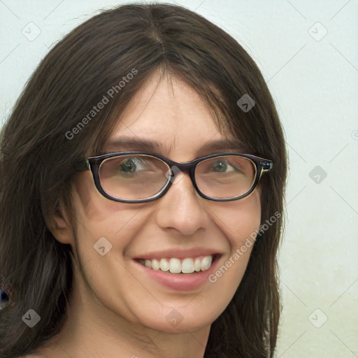 Joyful white young-adult female with long  brown hair and green eyes