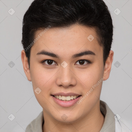 Joyful latino young-adult female with short  brown hair and brown eyes