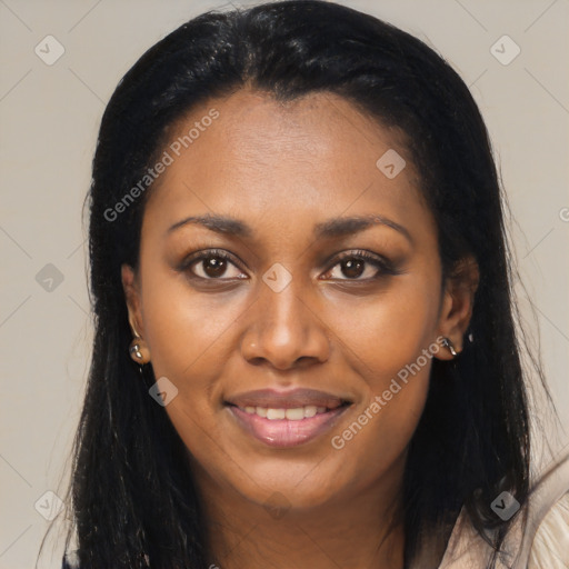 Joyful latino young-adult female with long  black hair and brown eyes