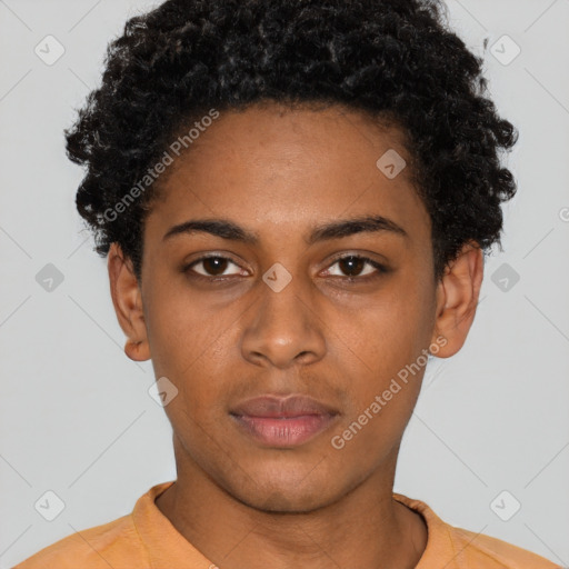 Neutral black young-adult female with short  black hair and brown eyes