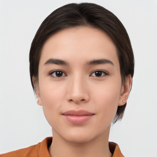 Neutral white young-adult female with short  brown hair and brown eyes