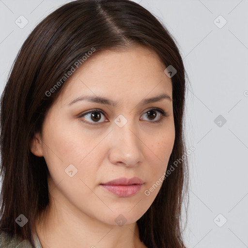 Neutral white young-adult female with long  brown hair and brown eyes