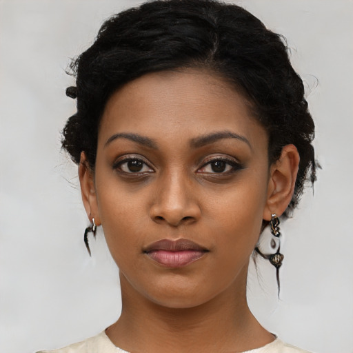 Neutral latino young-adult female with medium  black hair and brown eyes