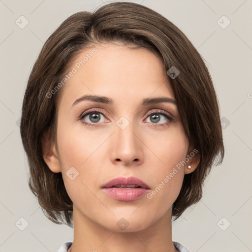 Neutral white young-adult female with medium  brown hair and green eyes