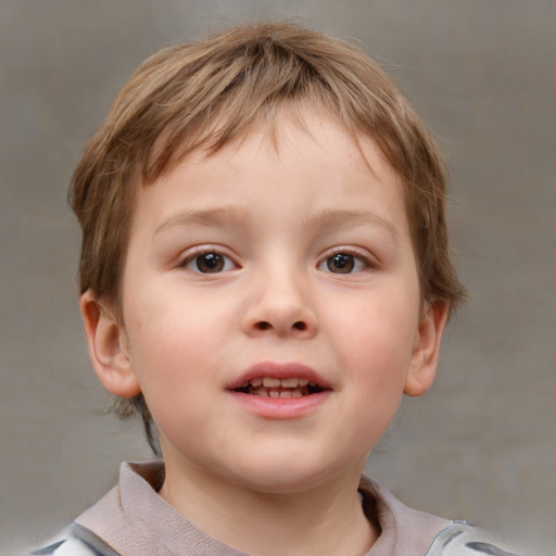 Joyful white child female with short  brown hair and brown eyes