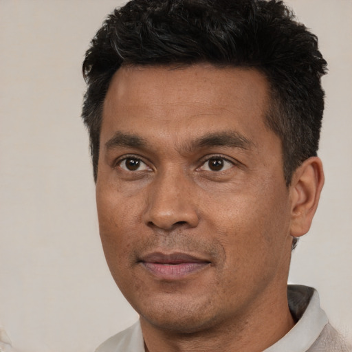 Joyful asian adult male with short  brown hair and brown eyes